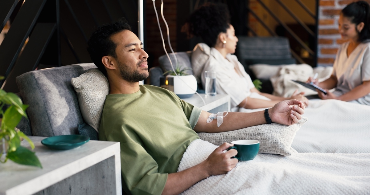 Patient relaxing during an IV hydration session, one of the options available for IV Hydration in Fishers, IN