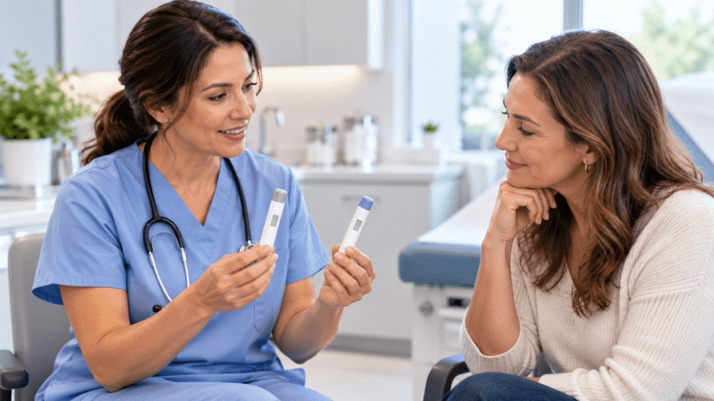 Provider showing two injection pens to a patient during a semaglutide vs. tirzepatide discussion