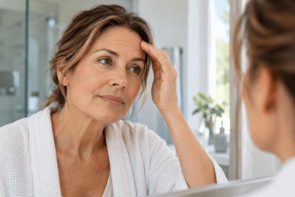 Woman examining forehead lines in a mirror, illustrating an article about stopping Botox