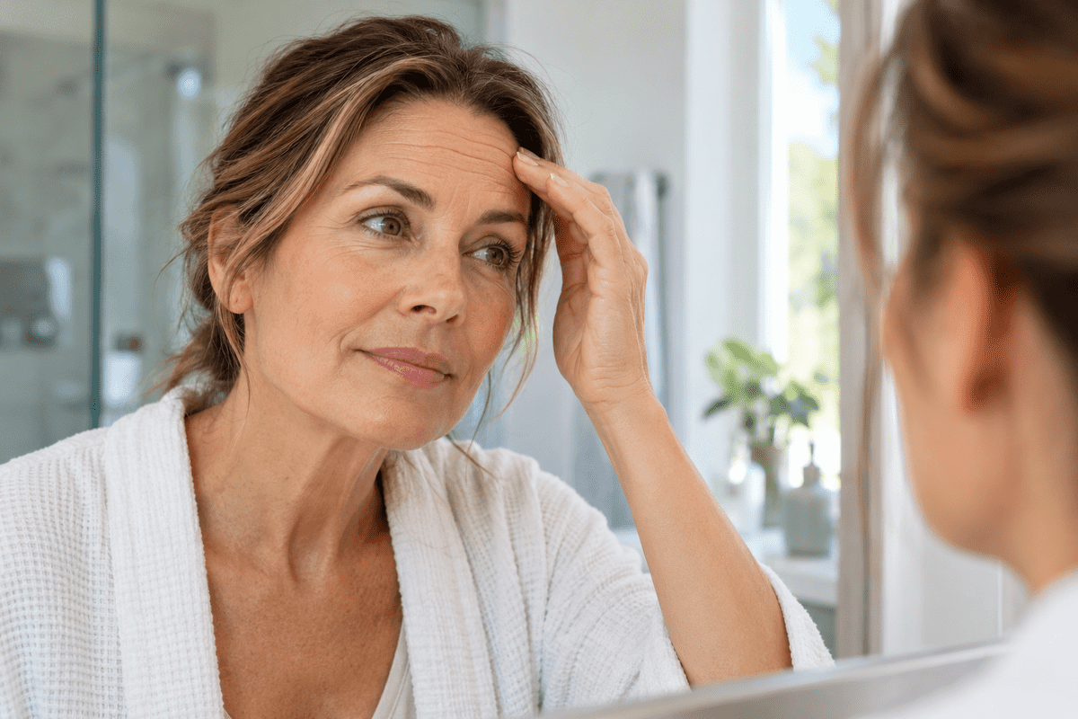 Woman examining forehead lines in a mirror, illustrating an article about stopping Botox